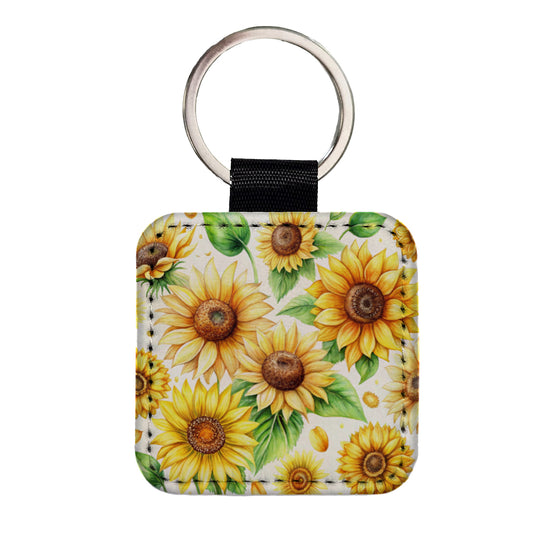 Sunflowers Scattered Watercolor Square Faux Leather Keychain