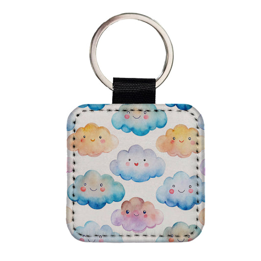 Sweet Smiling Clouds In A Row Watercolor Square Faux Leather Keychain
