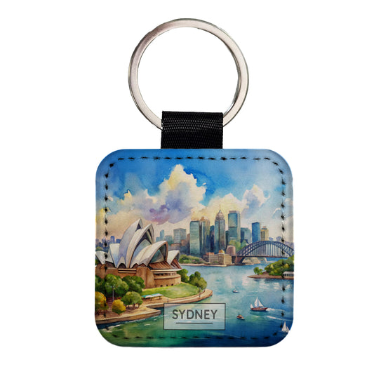 Sydney Australia Opera House Travel City Watercolor Square Faux Leather Keychain