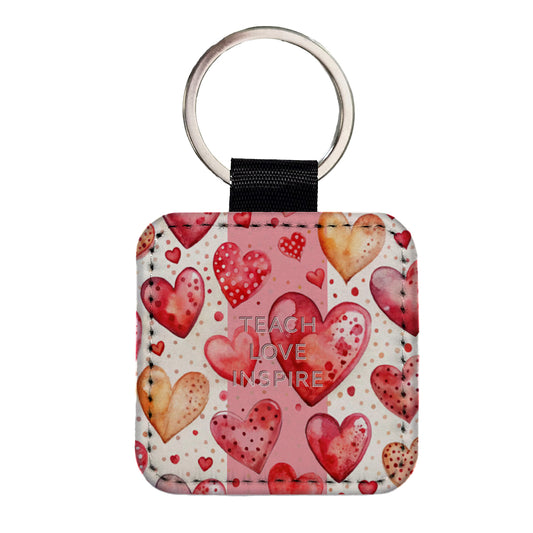 Teach Love Inspire Red Hearts Teacher Appreciation Square Faux Leather Keychain