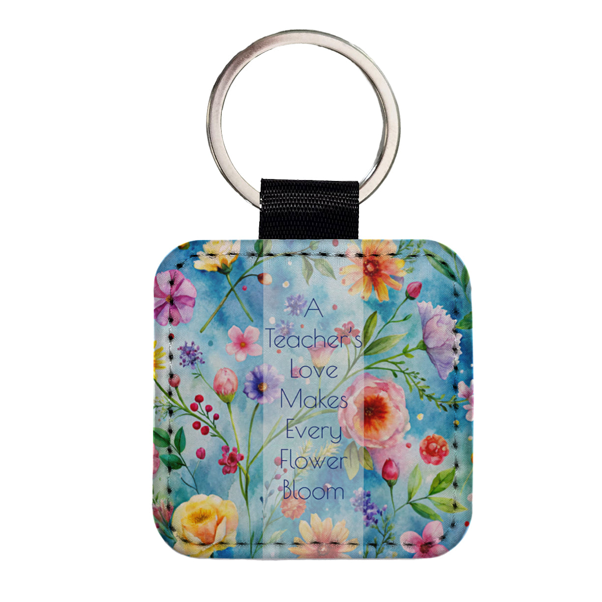 Teacher's Love Appreciation Flowers Blue Square Faux Leather Keychain