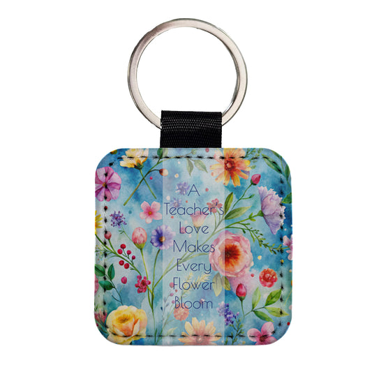 Teacher's Love Appreciation Flowers Blue Square Faux Leather Keychain