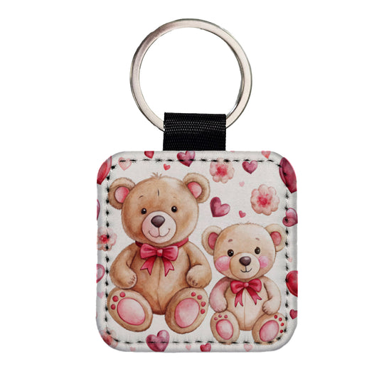 Teddy Bears Pink Red Hearts Square Faux Leather Keychain