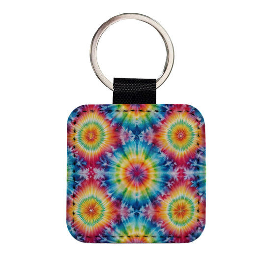 Tie Dye Pattern Fun Watercolor Square Faux Leather Keychain