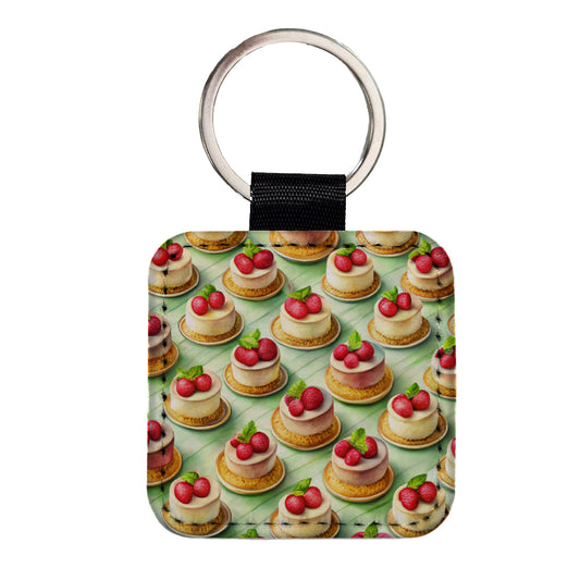 Tiny Cheesecakes On Plates In A Row Square Faux Leather Keychain