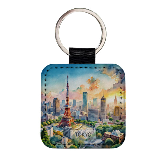Tokyo Japan Travel City Watercolor Square Faux Leather Keychain