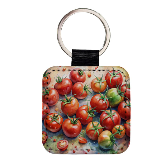 Tomatoes Watercolor Square Faux Leather Keychain