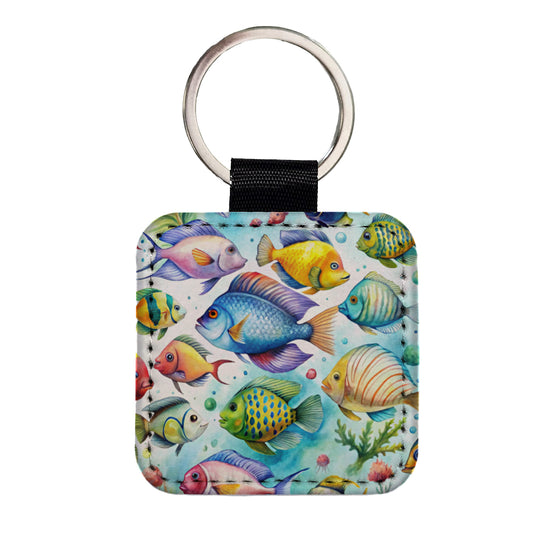 Tropical Fish Swimming Ocean Square Faux Leather Keychain