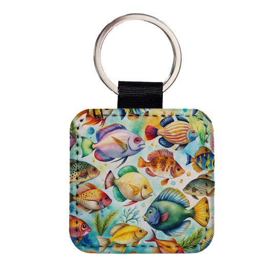 Tropical Fish Watercolor Square Faux Leather Keychain