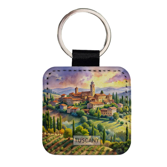 Tuscany Italy Travel City Watercolor Square Faux Leather Keychain