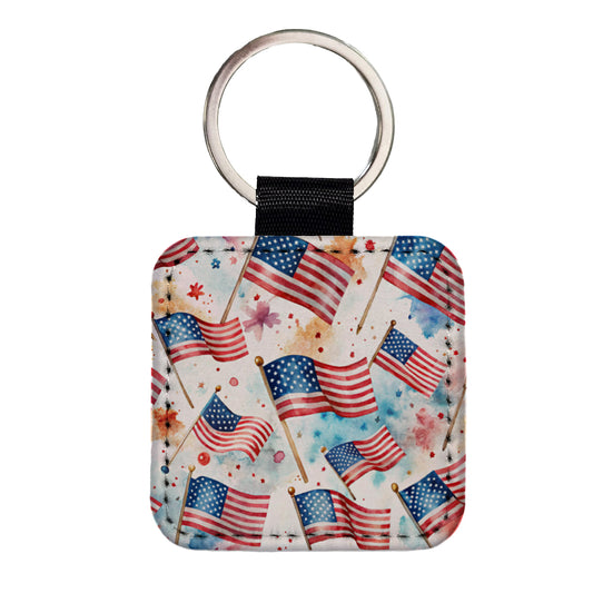USA American Flags Patriotic Watercolor Square Faux Leather Keychain