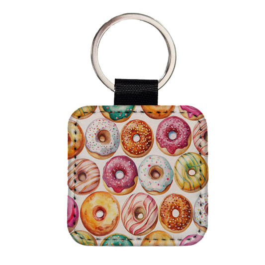 Variety Of Donuts Square Faux Leather Keychain