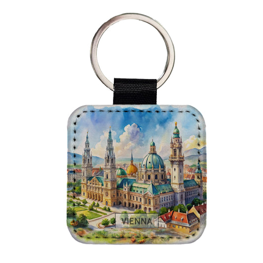 Vienna Austria Travel City Watercolor Square Faux Leather Keychain