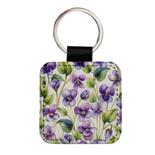 Violets Flowers Watercolor Square Faux Leather Keychain