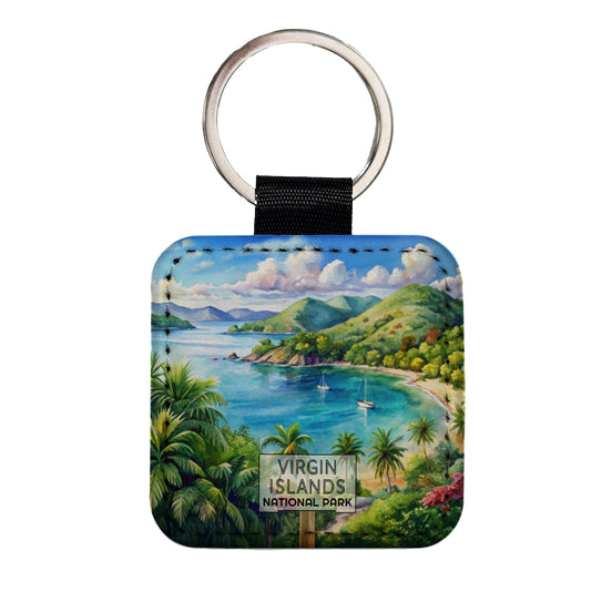 Virgin Islands National Park Watercolor Square Faux Leather Keychain