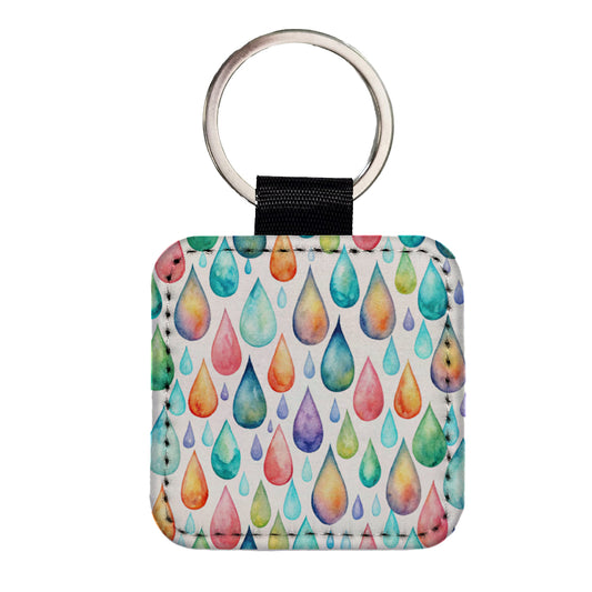 Water Droplets Colorful Watercolor Square Faux Leather Keychain