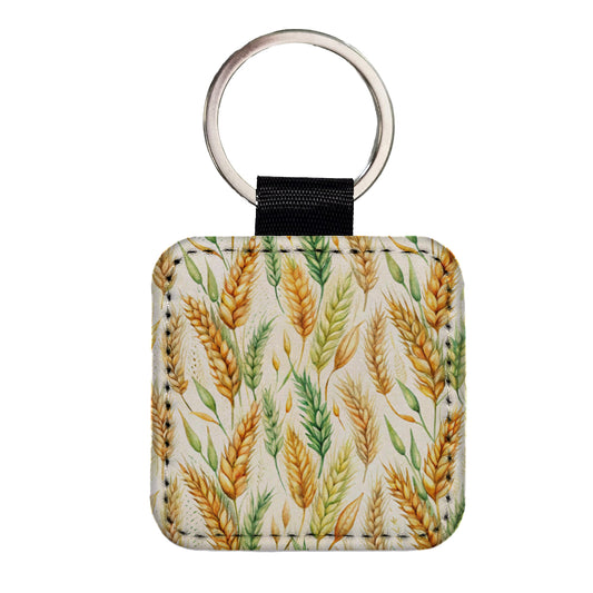 Wheat Watercolor Square Faux Leather Keychain