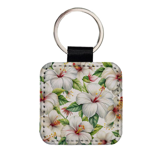 White Hibiscus Flowers Watercolor Square Faux Leather Keychain