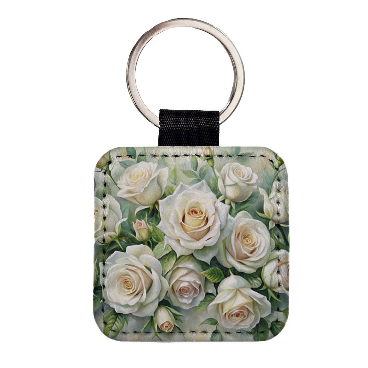 White Roses Flowers Watercolor Square Faux Leather Keychain