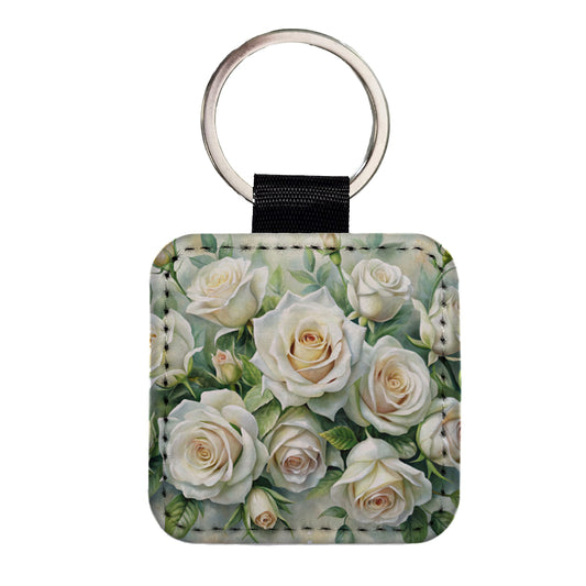 White Roses Flowers Watercolor Square Faux Leather Keychain