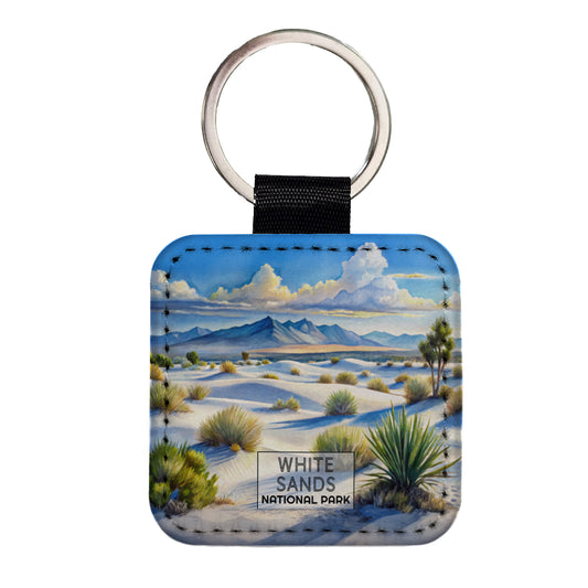 White Sands National Park Desert New Mexico Watercolor Square Faux Leather Keychain