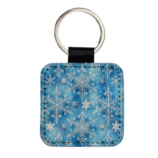 White Snowflakes Beautiful Winter Square Faux Leather Keychain