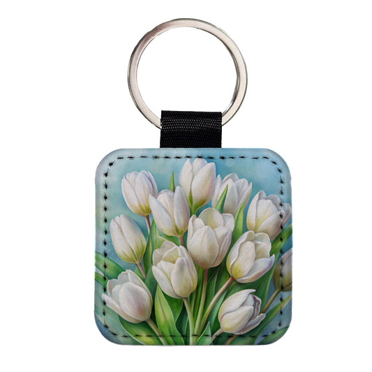 White Tulips Flowers Watercolor Square Faux Leather Keychain