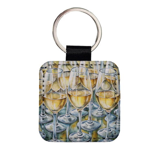 White Wine Glasses Chardonnay Square Faux Leather Keychain