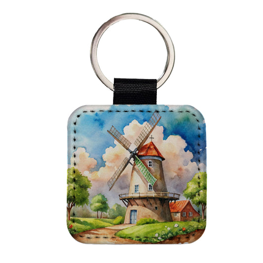 Windmill Beautiful Watercolor Square Faux Leather Keychain