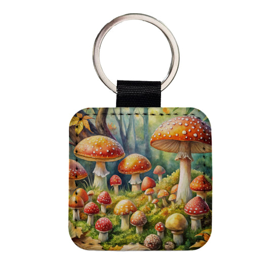 Woodland Mushrooms Watercolor Square Faux Leather Keychain