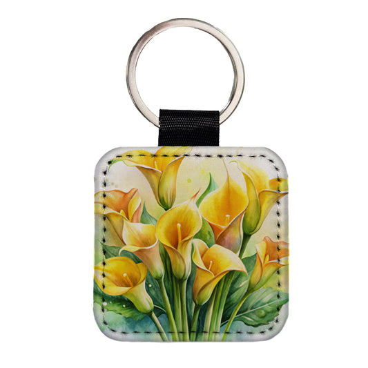 Yellow Calla Lily Flowers Watercolor Square Faux Leather Keychain
