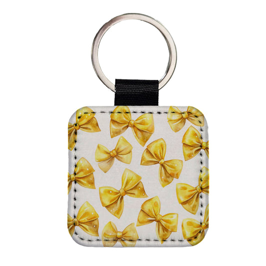 Yellow Coquette Bows Watercolor Square Faux Leather Keychain