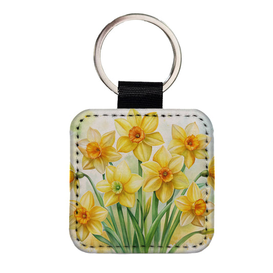 Yellow Daffodils Flowers Watercolor Square Faux Leather Keychain