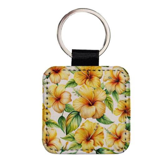 Yellow Hibiscus Flowers Watercolor Square Faux Leather Keychain