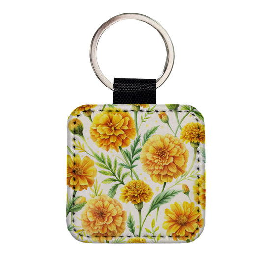 Yellow Marigolds Flowers Watercolor Square Faux Leather Keychain