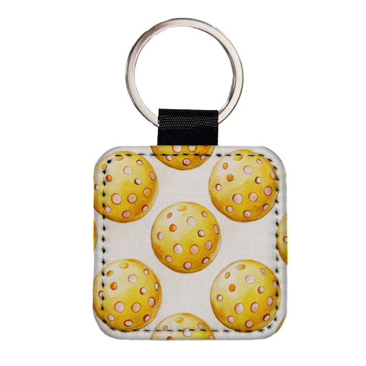 Yellow Pickleballs Square Faux Leather Keychain
