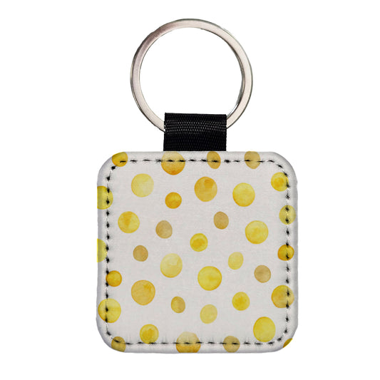 Yellow Polka Dots Fun White Background Square Faux Leather Keychain