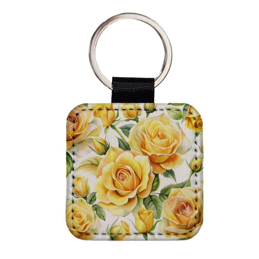 Yellow Roses Flowers Watercolor Square Faux Leather Keychain