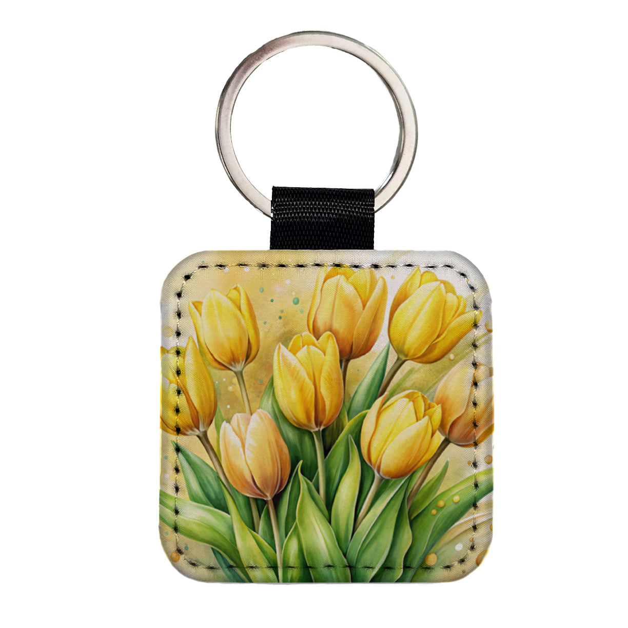 Yellow Tulips Flowers Watercolor Square Faux Leather Keychain