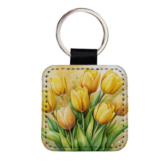 Yellow Tulips Flowers Watercolor Square Faux Leather Keychain