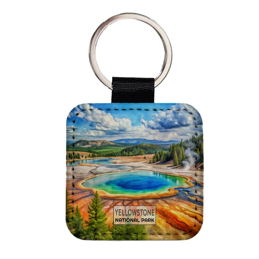 Yellowstone National Park Wyoming Montana Watercolor Square Faux Leather Keychain