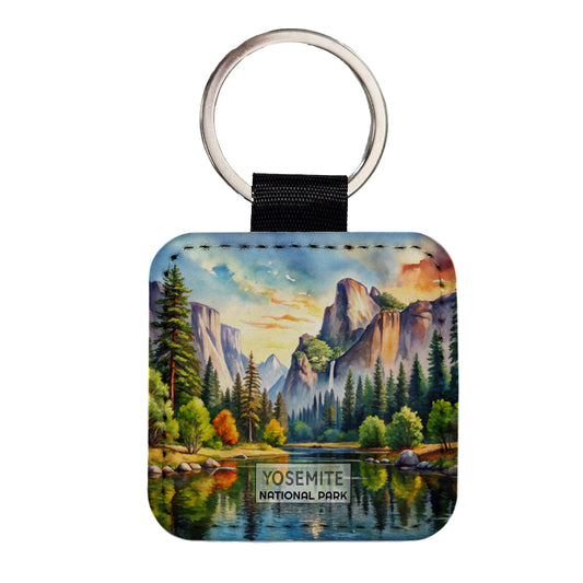 Yosemite National Park California Watercolor Square Faux Leather Keychain