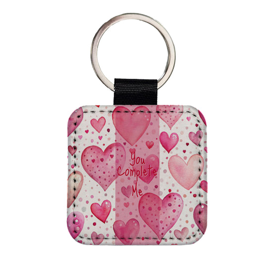 You Complete Me Valentine's Love Anniversary Pink Hearts Dots Square Faux Leather Keychain