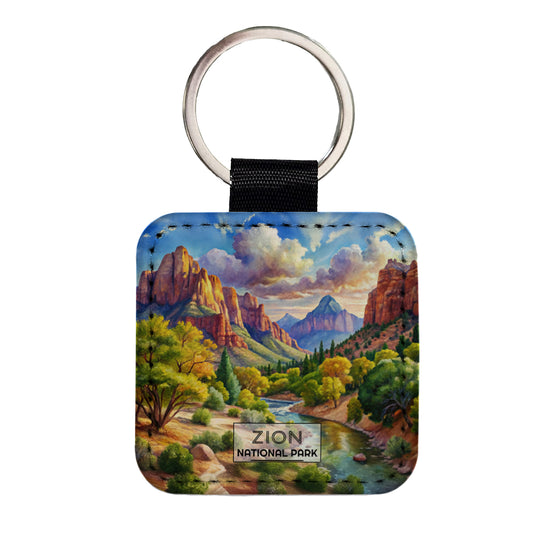 Zion National Park Utah Watercolor Square Faux Leather Keychain