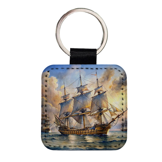 18th Century Sailing War Ship Of The Line Watercolor Square Faux Leather Keychain