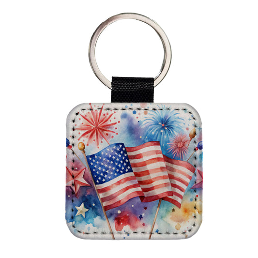4th Of July Patriotic Independence Day Watercolor Square Faux Leather Keychain