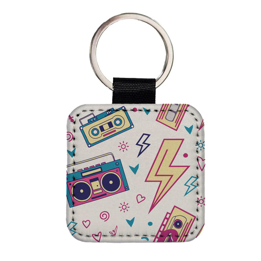 80's Eighties Theme Style Square Faux Leather Keychain