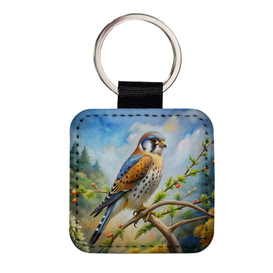 American Kestrel Raptor Bird Of Prey In Tree Scene Watercolor Square Faux Leather Keychain