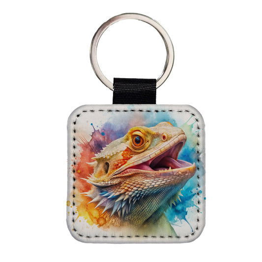 Angry Mad Bearded Dragon Watercolor Square Faux Leather Keychain