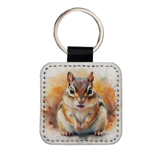 Angry Mad Chipmunk Watercolor Square Faux Leather Keychain